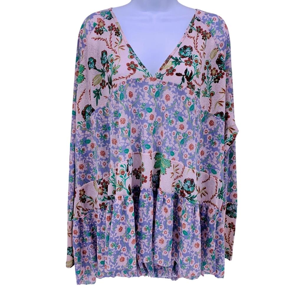 Free People Floral Blouse Raw Hem Womens Size S